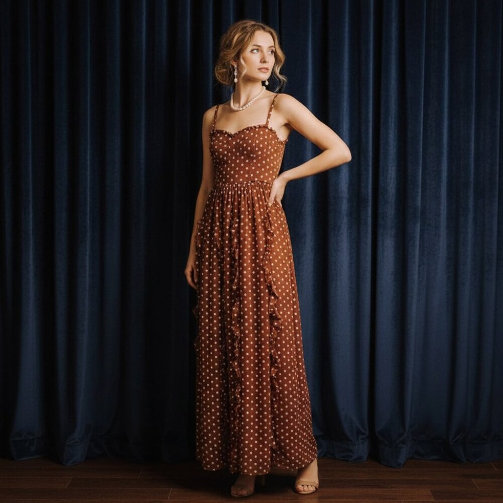 Embroidered flower ruffle maxi dress- Back smocking, ruffled skirt - Picture 8 of 13